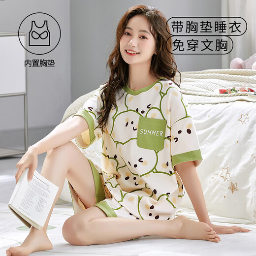 红豆（Hodo）夏季短袖睡衣套装女士自带胸垫一体家居服春秋大码薄款夏天 gxt1047 M 码建议75-95斤