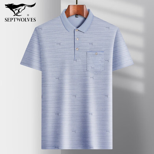 Septwolves daddy's lapel ice silk short-sleeved T-shirt middle-aged men's casual T-shirt middle-aged and elderly thin POLO shirt summer ice silk-9923 blue real pocket M 48/165