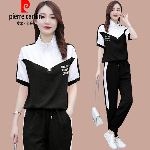 Pierre Cardin Ice|Silk Short Sleeve Sports Suit Running Women's Summer 2025 New Loose Slim Fashion Fashion Casual Two Pieces 1389 Blue M (Recommended 100 Jin Jin is equal to less than 0.5 kg)