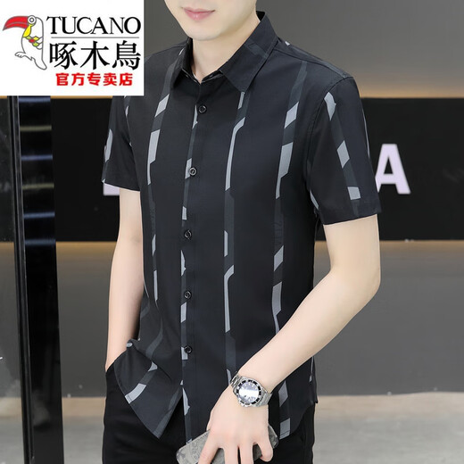 啄木鸟（TUCANO）新款2025夏季男士短袖衬衫潮流痞帅气感冰丝寸衣薄款凉爽衬衣 7027黑色 M 90-110斤