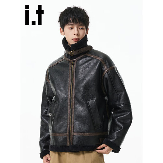 CHOCOOLATEit sherpa spliced leather jacket men's winter velvet thickened warm cotton jacket black velvet L