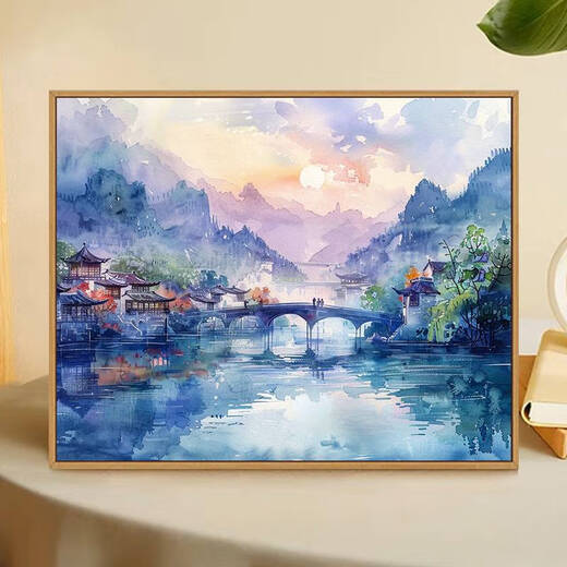 山头林村中式山水风景数字油画diy手绘画画填色感丙烯油彩涂色填充画 X9737 4560油画套餐+精品外框四色可选