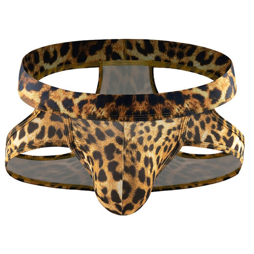 Men's leopard print double trousers, boys' low waist sexy thongs, pure and horny buttock lifting sexy hollowed-out t-trousers, red S90-110Jin[Jin equals 0.5 kg]