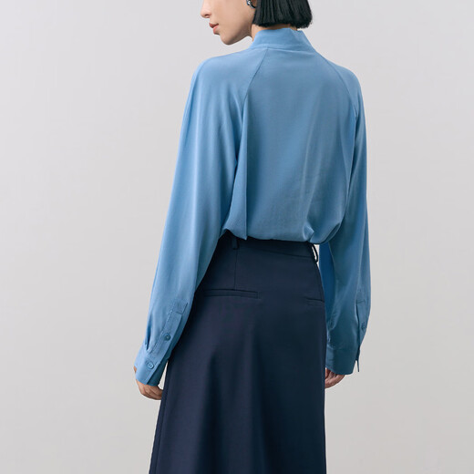 Yanyu silk blue shirt women's tops 2025 autumn mulberry silk versatile V-neck long-sleeved shirt blue M