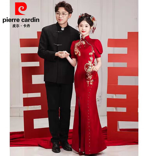 Pierre Cardin New Chinese-style Cheongsam Toast Wear Bridal Wedding Return Wear Burgundy Long Waist Mermaid Slit Engagement Dress Burgundy M