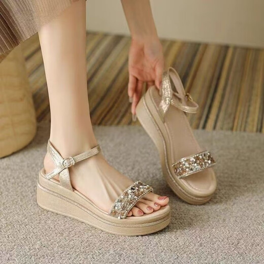 
Belle stairs heel sandals for women, summer 2025 new thick-soled strap sandals exquisite high-heeled beach women's shoes apricot color 37