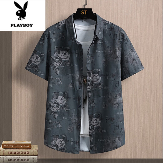 花花公子（PLAYBOY）冰丝短袖花衬衫男士薄款夏季新款潮流玫瑰花寸衫免烫休闲个性寸衣 JT7027蓝色 M 90-109斤