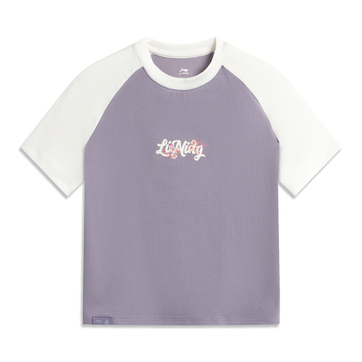 Li-Ning-Kurzärärmel-Frauen 2025 Sommer neuer Stil Verbotene Stadt Joint-Marken-Brand-Blume Slim Round Neck T-Shirt Top AHSV694 -2 Hell Black Purple/Milk White XL