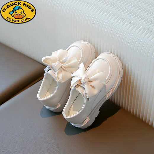 G.duck girls and children's small leather shoes 2026 spring and autumn new style princess girls' single shoes black soft sole loafers with bows off-white EUR36 31 inner length 19CM