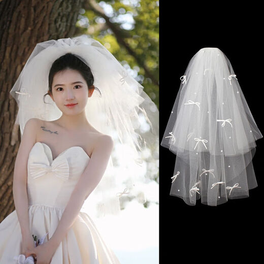 
Shantoulin Village Veil Certificate Pearl Bride Veil Main Wedding Dress Bow Pearl Hair Garment Puffy Korean Style Photo Shot Band Beaded Veil-about 80cm