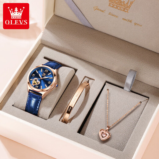 OLEVS Swiss certified brand watches for women mechanical watches fully automatic hollow women's watches for birthday gifts for girlfriend and wife. Upgraded enhanced version 6636-Blue leather rose shell blue face [lifetime warranty]