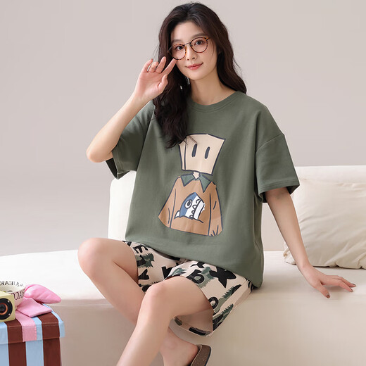 Langsha pajamas for women in summer pure cotton 100% short-sleeved shorts sweet pullover girl summer thin home clothes can be worn outside 844 women M