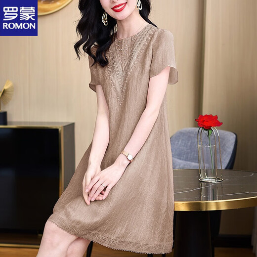 罗蒙（ROMON）高档贵妇a字连衣裙夏季女装2025新款宽松韩版大码胖m妹小个子减龄 咖啡色 2XL 建议125-135斤