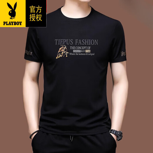 花花公子（PLAYBOY）高端款短袖t恤男士冰丝半袖夏装卫衣丝光棉刺绣宽松中年上衣服潮 X733黑色 M 165【建议-120斤】