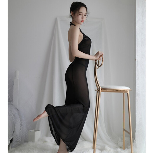 
Erlos sexy lingerie passion seduction suspender sexy nightgown lace transparent long skirt women's socks bathrobe home clothes sm role-playing long cheongsam mesh backless perspective free slender black 1392 single size - without socks