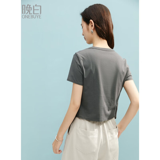 Spätes Weiß [neues Produkt] 2025 Sommer-vielseitiger Oberteil mit einem zweiteiligen T-Shirt von Baumwollstil für Frauen grau m