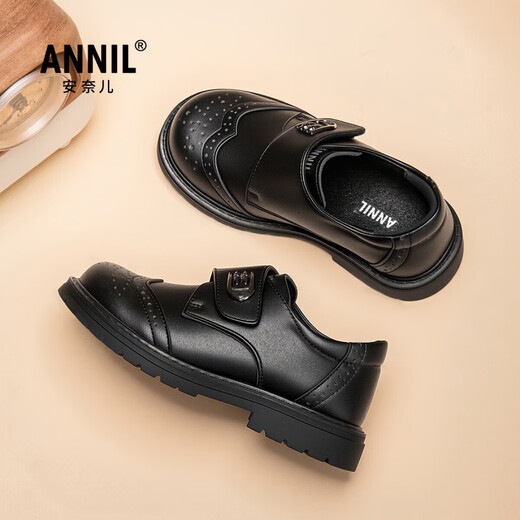 Annil (Annil) boys' leather shoes 2025 new performance small leather shoes children's leather shoes black medium and large children's black leather shoes boys 2477 black 35 inner length 22.6cm/foot length 21.6-22cm