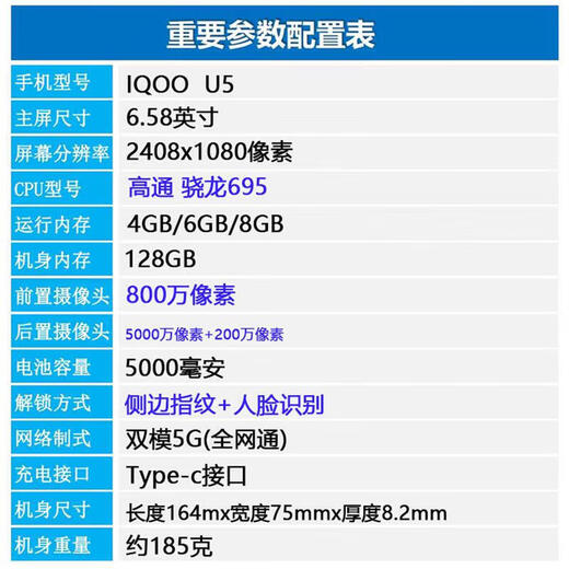 vivoiQOO U5 5G手机高通 骁龙695处理器6.58英寸屏幕尺寸120Hz屏幕刷新率5000mAh电池容量18w有线充， 幻蓝色 【套餐一】 4+128GB