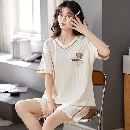 Calculat&Keen（CALCULAT&KEEN） CK睡衣女夏季纯 棉可爱薄款短袖裤学生两件套装春秋天大码宽松 咖啡色GXT6636图色 XL (建议115-130斤)