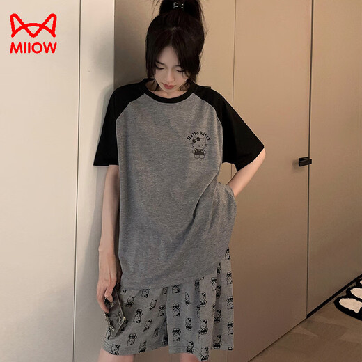 猫人睡衣女自带胸垫一体短袖短裤两件套2025夏季新款甜美风家居服套装 693黑笑脸 2XL 【建议125-150斤】