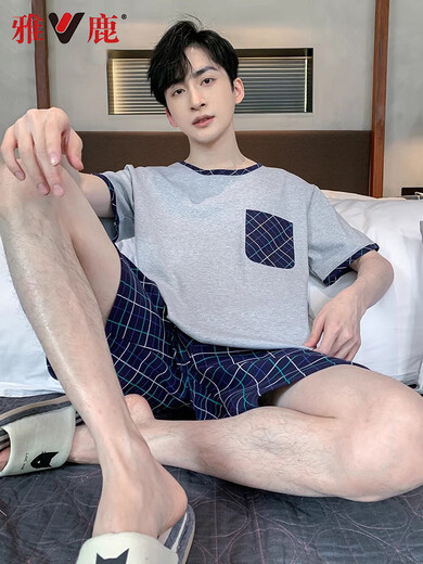 Langsha Herren-Pyjamas Frühling und Sommer reines Baumwolldünner Pullover Runder Hals kurzärmelige Jungen Großer Größe Casual Home Clothing Set 21m9928 3xl xxxl [160-180Jin [Jin gleich 0,5 kg]] E