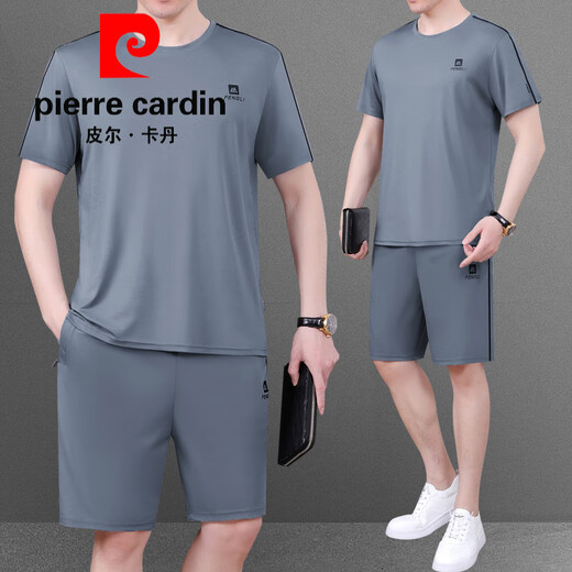 Pierre Cardin Middle-E-E-E-E-E-IN Summer Shorts Shorts Shorts Sweat Ice Seda Seda de secado rápido Camiseta de cuello redondo Dad Summer Day Clothes 9922 White [Camiseta de algodón + pantalones cortos] L _ (-120Jin [Jin equivale a 0.5 kg])