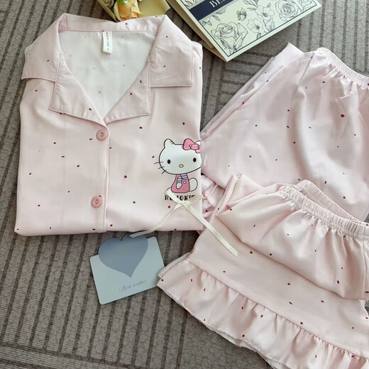 
Ice silk pajamas three-piece set suspenders new comfortable and soft outside short-sleeved home clothing Kitty Girl Kitty three-piece set Short-sleeved + shorts + trousers 2XL 160-172 Height 140-160Jin [Jin equals 0.5 kg]