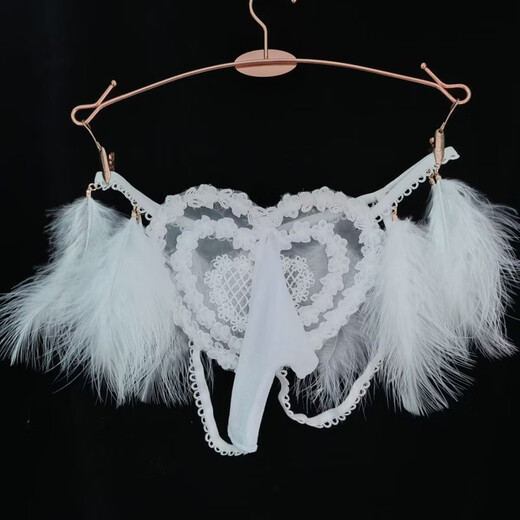 Open crotch lace men's pure desire sexy modified JJ set underwear feather decoration embroidered breathable open file thong love white JJ set open style 100-140Jin Jin equals 0.5 kg