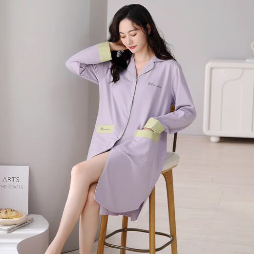 Langsha Frühling und Herbstnacht mit Brustpolster Frauen-Pyjamas Rock Frühling und Herbststil Xinjiang Baumwolle Langarm Herbst Herbst Dünne Hemdkleid 7xrtb-2694 L Frauen [100-120jin [Jin gleich 0,5 kg]]