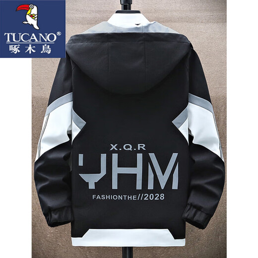 Woodpecker Jacket 2025 New Workwear Jacket Autumn and Winter Hooded Boys Teenagers Casual Loose Gown Men's Clothes Black Gray (Regular Style) XL