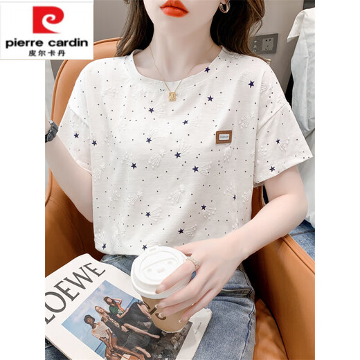 Pierre cardin pure cotton printed T-shirt for women short-sleeved summer 2025 new loose print design versatile T-shirt top trend Guangzhou Thirteen Lines 1396 white + 8201 blue grid M suitable for 100-109Jin [Jin equals 0.5 kg]