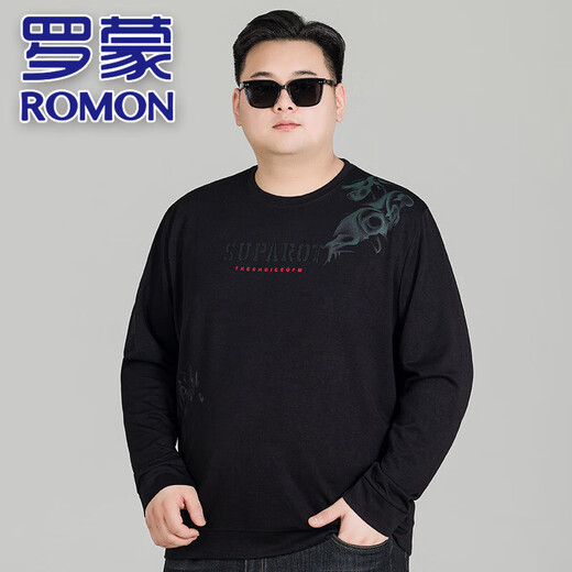 罗蒙（ROMON）轻奢加肥加大圆领男士长袖T恤卫衣胖子男装大码宽松休闲套头上衣 9855黑色 7XL (建议250-270斤)