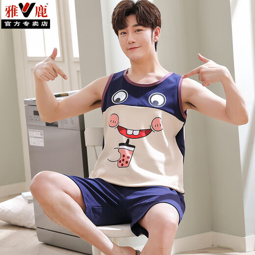 Yalu men's sleeveless pajamas summer loose vest cartoon trend among teenagers large-size cotton 1283 vest male denim orchid dolphin teeth M teenager version [60-70Jin [Jin equals 0.5 kg]]