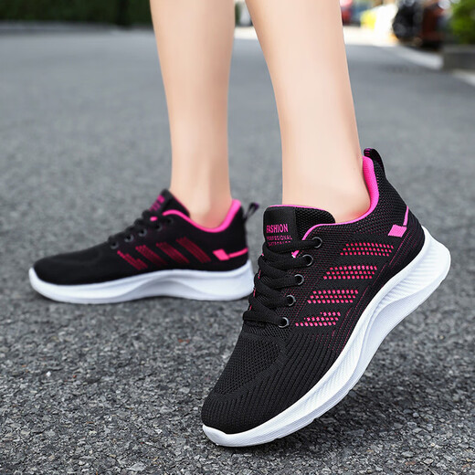 Women's shoes 2025 casual soft sole sneakers breathable single shoes flying mesh shoes running shoes 831 black 37