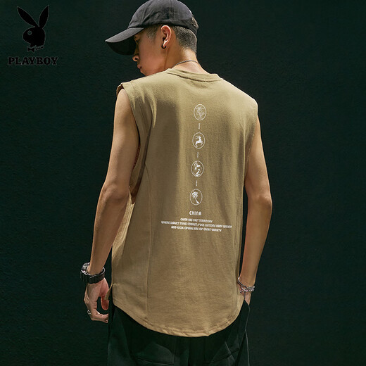 花花公子（PLAYBOY）纯棉潮牌外穿背心男士夏季美式复古无袖t恤时尚百搭痞帅坎肩宽松 BX1098黑色 S (偏大一码)