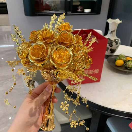 Cup Horse Chinese Style Bride Wedding Handd Fleur Fleur Golden Rose Wedding Gift Wedding Handmade DIY XIUHE CADEAU le meilleur ami Rose de la Rose - Sac à base + boîte-cadeau transparente + sac cadeau