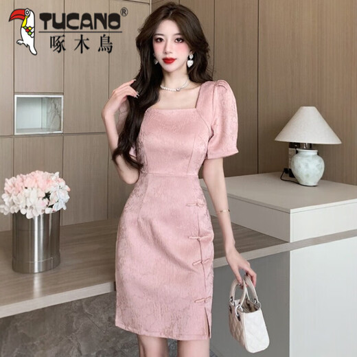 Woodpecker New Chinese Improved Cheongsam Skirt Women's Retro Patch-button Jacquard Dress Summer Square Collar Puff Sleeve Slit Hip Skirt 983-2 Long Black M