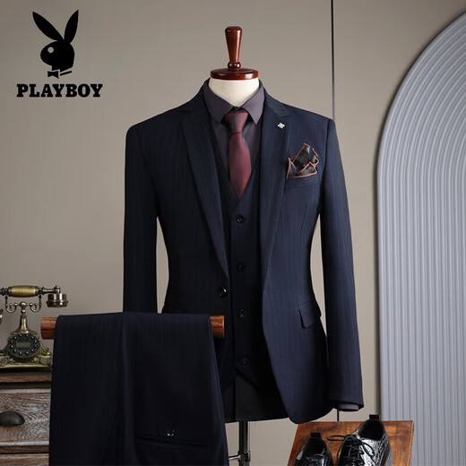 Playboy (PLAYBOY) light luxury high-end striped suit suit men's high-end business casual suit three-piece groom's wedding dress navy blue (suit + vest + pants) XL 52