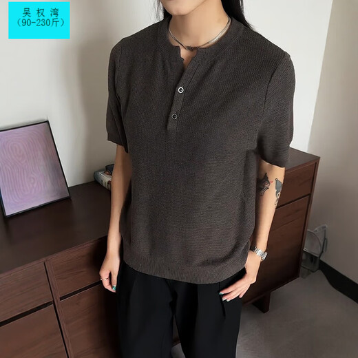 Wu Quanwan resin-breasted short-sleeved polo shirt for men, old-money style T-shirt, soft and waxy knitted loose Henry collar half-sleeve, oatmeal gray upgraded version Oatmeal gray upgraded version L Collection and purchase priority delivery