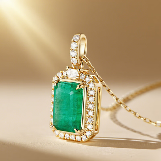 COASZE yellow 18K gold emerald colored gemstone pendant necklace women's diamond Chinese Valentine's Day gift for girlfriend and wife 18K yellow gold emerald pendant (about 70 minutes)