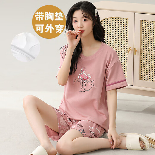 雅鹿短袖睡衣套装女士夏季自带胸垫一体纯棉薄款大码夏天可外穿家居服 ZW4115 2XL (建议130-145斤)