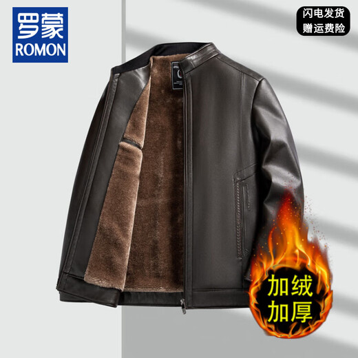 Father Romon winter coat middle-aged men's fur one-piece lapel leather jacket for middle-aged and elderly men velvet thickened leather jacket black 2XL 185