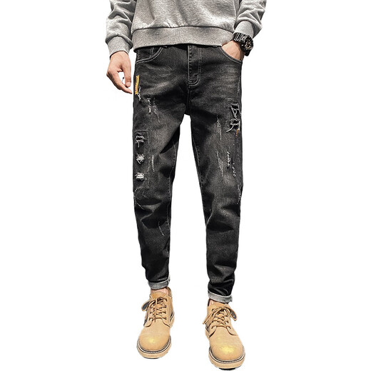 AEXMERE Men's Ripped Jeans Summer Brand Trendy Brand Slim Feet 2025 Nouveau été 6636 noir + 6633 noir 36
