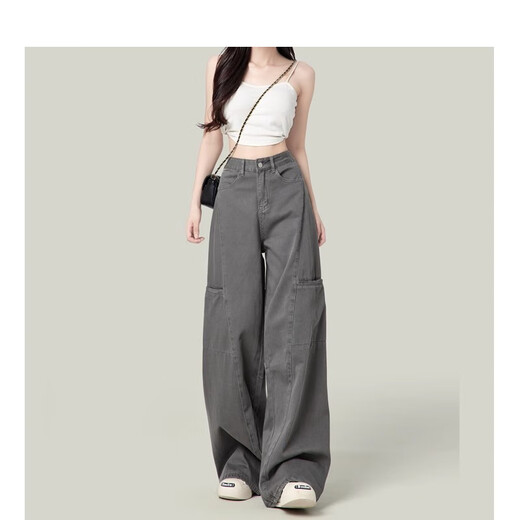 Jeanswest Cement Grey American Wide Legs Arbeiten für Frauen 2025 Neue Retro High Taille Sommer Straight Jeans Dünne Grey-Tuers xl