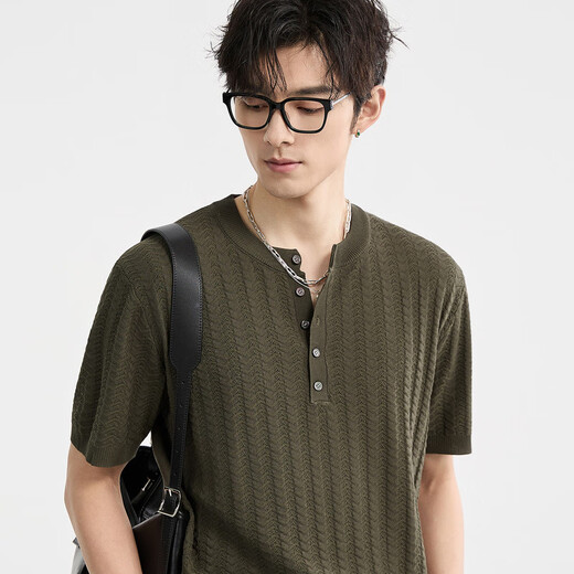 Piaget Zall Thin Breathable Jacquard Knitted Summer Henley Collar Advanced Design Men's Short-Sleeved T-Shirt Army Green M