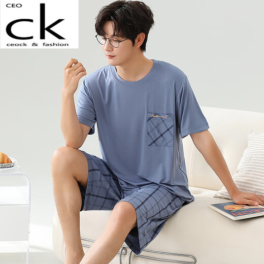 CEOCK莫代尔睡衣男士夏季短袖短裤家居服青年薄款休闲宽松大码 6623 L