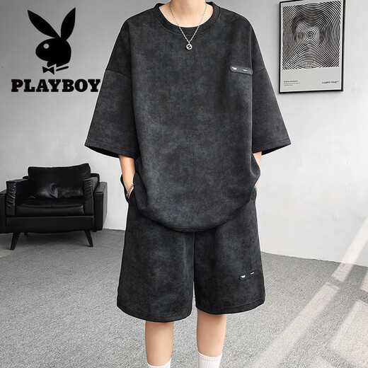 花花公子（PLAYBOY）夏季套装男小众设计感扎染七分袖t恤短裤潮流酷帅大码男装一整套 TZ757扎染黑 M (建议95-110斤)