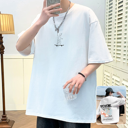 叮噜鱼宽松男士短袖重磅T恤男夏季港风上衣服凉感透气青少年五分半袖男t 3899白色 S (约100-120斤可穿)