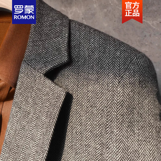 ROMON British retro wool herringbone suit jacket Autumn and winter khaki men's casual tweed wool suit Gray herringbone single suit M Height 170/weight 125