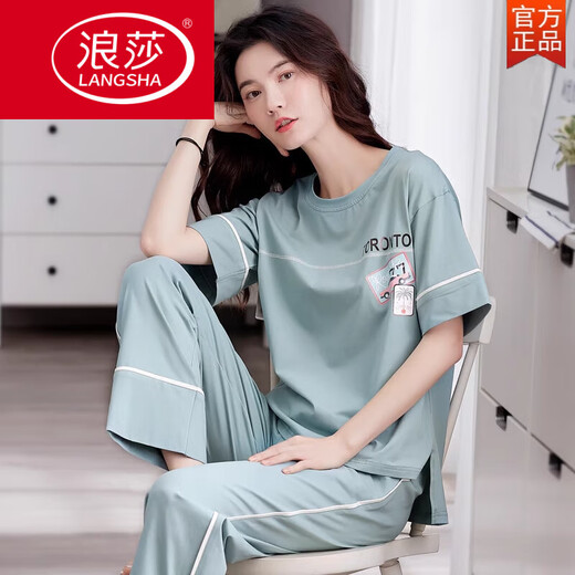 
LangSha pajamas for women in summer 2025 new pure cotton thin loose home clothes short-sleeved trousers casual outfits Fentenkoan 7374 XL [recommended 120-140Jin [Jin equals 0.5 kg]]